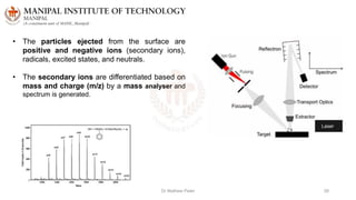Dr Mathew Peter 28
• The particles ejected from the surface are
positive and negative ions (secondary ions),
radicals, excited states, and neutrals.
• The secondary ions are differentiated based on
mass and charge (m/z) by a mass analyser and
spectrum is generated.
 