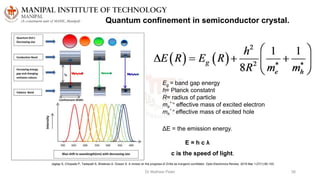 Dr Mathew Peter 38
Quantum confinement in semiconductor crystal.
Jagtap S, Chopade P, Tadepalli S, Bhalerao A, Gosavi S. A review on the progress of ZnSe as inorganic scintillator. Opto-Electronics Review. 2019 Mar 1;27(1):90-103.
Eg = band gap energy
h= Planck constatnt
R= radius of particle
me
* = effective mass of excited electron
mh
* = effective mass of excited hole
ΔE = the emission energy.
E = h c λ
c is the speed of light.
 