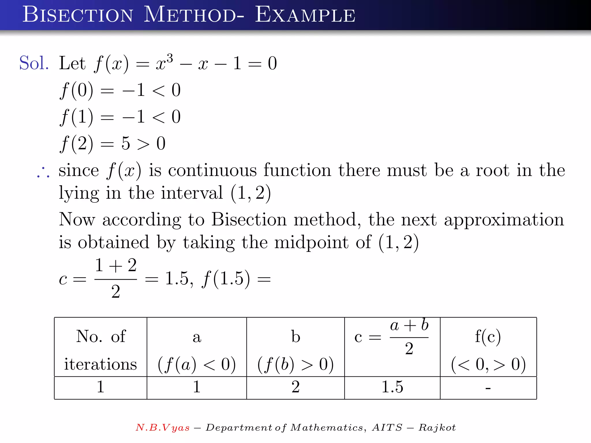 Bisection Method- Example

Sol. Let f (x) = x3 − x − 1 = 0
     f (0) = −1 < 0
     f (1) = −1 < 0
     f (2) = 5 > 0
  ∴ since f (x) is continuous function there must be a root in the
     lying in the interval (1, 2)
     Now according to Bisection method, the next approximation
     is obtained by taking the midpoint of (1, 2)
          1+2
     c=         = 1.5, f (1.5) =
            2
                                                         a+b
      No. of            a                b         c=                   f(c)
                                                          2
     iterations   (f (a) < 0)      (f (b) > 0)                     (< 0, > 0)
          1            1                2               1.5            -

               N.B.V yas − Department of M athematics, AIT S − Rajkot
 