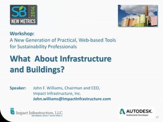 Workshop: 
A New Generation of Practical, Web-based Tools 
for Sustainability Professionals 
What About Infrastructure 
and Buildings? 
Speaker: John F. Williams, Chairman and CEO, 
Impact Infrastructure, Inc. 
John.williams@ImpactInfrastructure.com 
13 
 