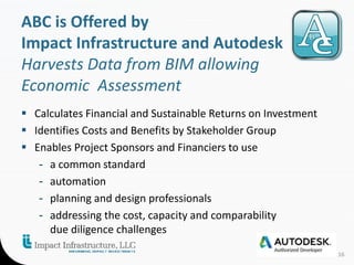 ABC is Offered by 
Impact Infrastructure and Autodesk 
Harvests Data from BIM allowing 
Economic Assessment 
 Calculates Financial and Sustainable Returns on Investment 
 Identifies Costs and Benefits by Stakeholder Group 
 Enables Project Sponsors and Financiers to use 
- a common standard 
- automation 
- planning and design professionals 
- addressing the cost, capacity and comparability 
due diligence challenges 
16 
 