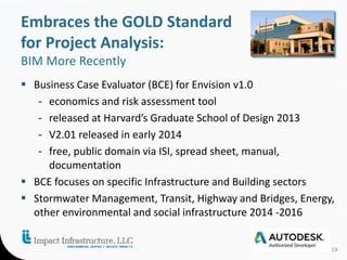 Embraces the GOLD Standard 
for Project Analysis: 
BIM More Recently 
 Business Case Evaluator (BCE) for Envision v1.0 
- economics and risk assessment tool 
- released at Harvard’s Graduate School of Design 2013 
- V2.01 released in early 2014 
- free, public domain via ISI, spread sheet, manual, 
documentation 
 BCE focuses on specific Infrastructure and Building sectors 
 Stormwater Management, Transit, Highway and Bridges, Energy, 
other environmental and social infrastructure 2014 -2016 
19 
 