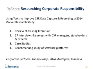 Researching Corporate Responsibility 
Using Tools to Improve CSR Data Capture & Reporting, a 2014 
Market Research Study: 
1. Review of existing literature 
2. 57 interviews & surveys with CSR managers, stakeholders 
ReScoreGroup.com 
& experts 
3. Case Studies 
4. Benchmarking study of software platforms 
42 
Corporate Partners: Triana Group, 2020 Strategies, Tennaxia 
 