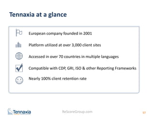 Tennaxia at a glance 
ReScoreGroup.com 
57 
European company founded in 2001 
Platform utilized at over 3,000 client sites 
Accessed in over 70 countries in multiple languages 
Compatible with CDP, GRI, ISO & other Reporting Frameworks 
Nearly 100% client retention rate 
 