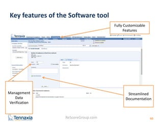 Key features of the Software tool 
ReScoreGroup.com 
60 
Fully Customizable 
Features 
Streamlined 
Documentation 
Management 
Data 
Verification 
 