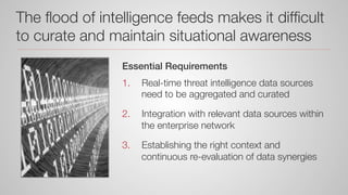 The ﬂood of intelligence feeds makes it difﬁcult
to curate and maintain situational awareness
Essential Requirements!
1.  Real-time threat intelligence data sources
need to be aggregated and curated
2.  Integration with relevant data sources within
the enterprise network
3.  Establishing the right context and
continuous re-evaluation of data synergies 
 
