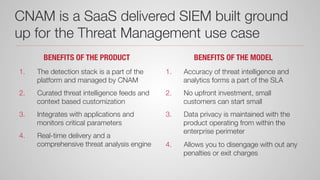 CNAM is a SaaS delivered SIEM built ground
up for the Threat Management use case
BENEFITS OF THE PRODUCT
1.  The detection stack is a part of the
platform and managed by CNAM
2.  Curated threat intelligence feeds and
context based customization
3.  Integrates with applications and
monitors critical parameters
4.  Real-time delivery and a
comprehensive threat analysis engine
BENEFITS OF THE MODEL
1.  Accuracy of threat intelligence and
analytics forms a part of the SLA
2.  No upfront investment, small
customers can start small
3.  Data privacy is maintained with the
product operating from within the
enterprise perimeter
4.  Allows you to disengage with out any
penalties or exit charges
 