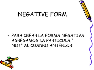 NEGATIVE FORM
• PARA CREAR LA FORMA NEGATIVA
AGREGAMOS LA PARTICULA “
NOT” AL CUADRO ANTERIOR
 