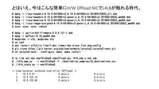 とはいえ、今はこんな簡単にH/W Offload NICでL4LBが触れる時代。
# dpkg -i linux-headers-4.19.0-041900rc3_4.19.0-041900rc3.201809120832_all.deb
# dpkg -i linux-headers-4.19.0-041900rc3-generic_4.19.0-041900rc3.201809120832_amd64.deb
# dpkg -i linux-modules-4.19.0-041900rc3-generic_4.19.0-041900rc3.201809120832_amd64.deb
# dpkg -i linux-image-unsigned-4.19.0-041900rc3-generic_4.19.0-041900rc3.201809120832_amd64.deb
# sync; sync; sync; reboot
# dpkg -i agilio-bpf-firmware-2.0.6.121-1.deb
# dpkg -i bpftool-4.18_amd64.deb
# modprobe -r nfp; modprobe nfp
# cd /opt
# apt install elfutils libelf-dev libmnl-dev bison flex pkg-config
# git clone https://git.kernel.org/pub/scm/network/iproute2/iproute2-next.git
# cd iproute2-next; ./configure; make; make install
# ip link set dev enp101s0np0 xdpoffload obj l4lb_xdp.o sec xdp
# ./l4lb_map.py -i enp101s0np0 -f ./destination_samples/32_destinations.csv
# ./l4lb_stats.py -i enp101s0np0
== Load balancer outbound statistics [Offload] ==
1 10.0.0.57 0 pkts/s 0 bits/s
2 10.0.125.19 0 pkts/s 0 bits/s
3 10.0.129.60 0 pkts/s 0 bits/s
:
 