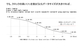 でも、クロックの高いCPUを使おうともデータサイズが大きければ…
# mkdir /ramdisk
# mount -t tmpfs tmpfs /ramdisk
# fio -directory=/ramdisk -rw=read -bs=* -size=1G -numjobs=16 -runtime=10 -group_reporting -name=data
無駄に大きなデータを
扱っていないか？
 
