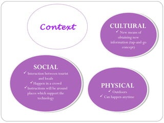 PHYSICAL
 Outdoors
 Can happen anytime
PHYSICAL
 Outdoors
 Can happen anytime
SOCIAL
 Interaction between tourist
and locals
Happen in a crowd
Instructions will be around
places which support the
technology
SOCIAL
 Interaction between tourist
and locals
Happen in a crowd
Instructions will be around
places which support the
technology
CULTURAL
 New means of
obtaining new
information (tap-and-go
concept)
CULTURAL
 New means of
obtaining new
information (tap-and-go
concept)
Context
 