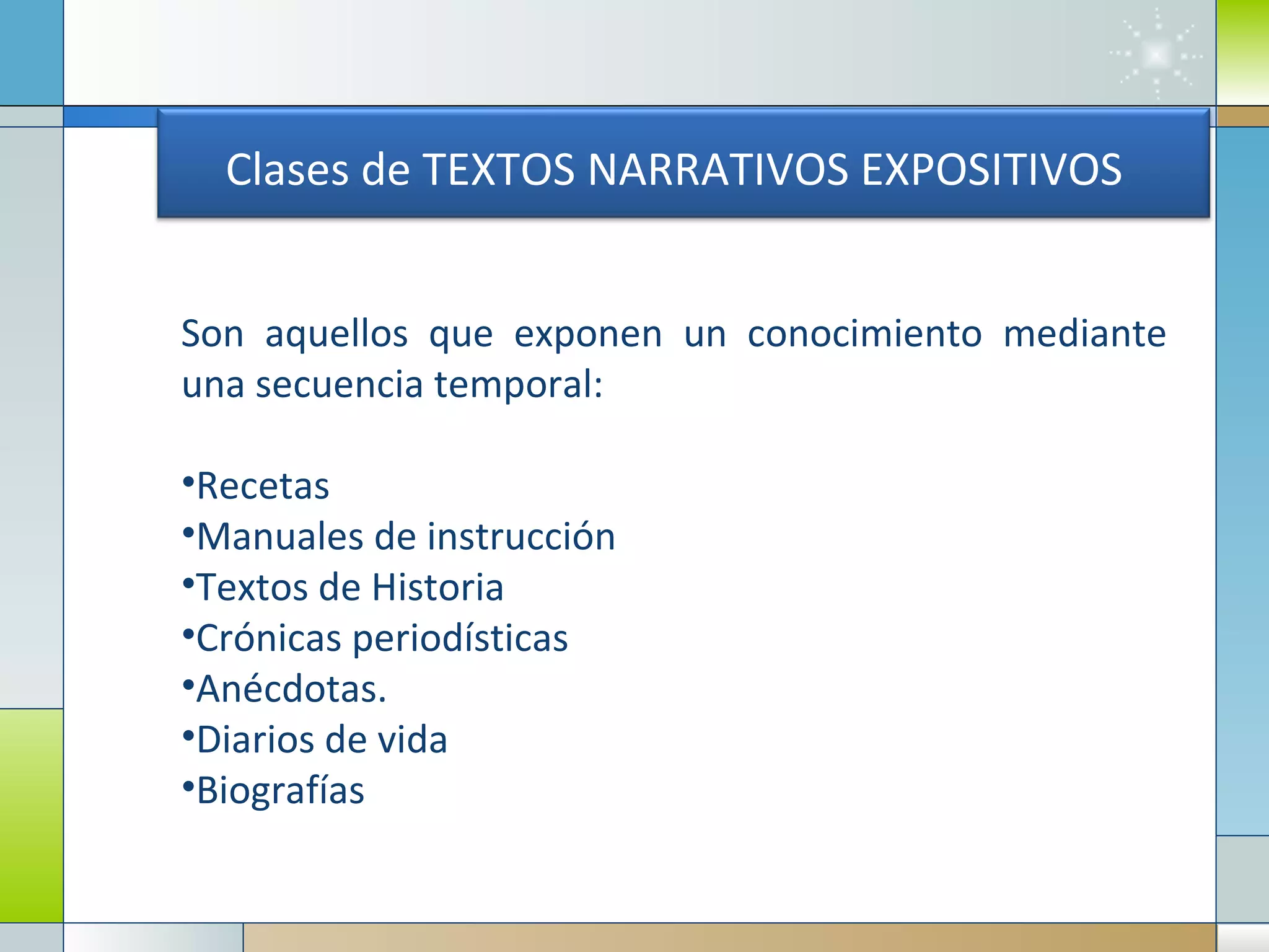 Clases de TEXTOS NARRATIVOS EXPOSITIVOS Son aquellos que exponen un conocimiento mediante una secuencia temporal: Recetas Manuales de instrucción Textos de Historia Crónicas periodísticas Anécdotas. Diarios de vida Biografías 