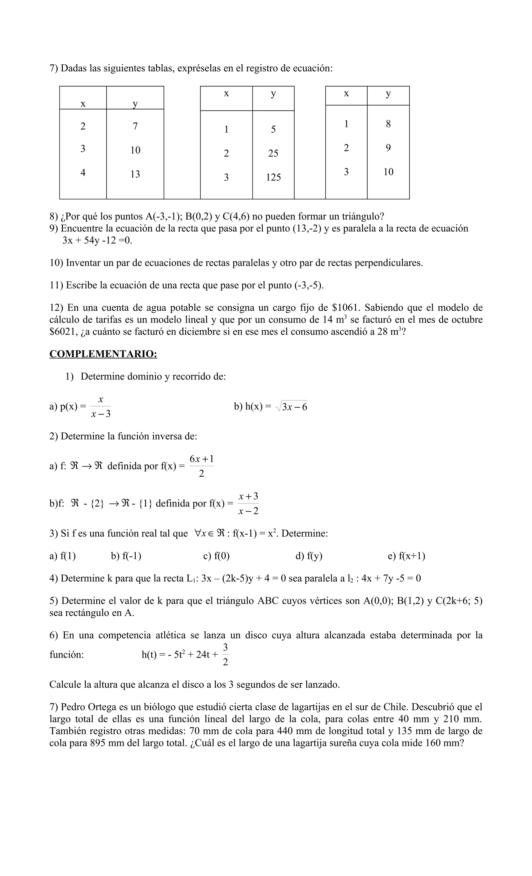 7) Dadas las siguientes tablas, expréselas en el registro de ecuación:

                                           x            y                 x        y
          x          y

          2          7                                                    1        8
                                           1            5
          3          10                                                   2        9
                                           2            25
          4          13                                                   3       10
                                           3           125


8) ¿Por qué los puntos A(-3,-1); B(0,2) y C(4,6) no pueden formar un triángulo?
9) Encuentre la ecuación de la recta que pasa por el punto (13,-2) y es paralela a la recta de ecuación
   3x + 54y -12 =0.

10) Inventar un par de ecuaciones de rectas paralelas y otro par de rectas perpendiculares.

11) Escribe la ecuación de una recta que pase por el punto (-3,-5).

12) En una cuenta de agua potable se consigna un cargo fijo de $1061. Sabiendo que el modelo de
cálculo de tarifas es un modelo lineal y que por un consumo de 14 m3 se facturó en el mes de octubre
$6021, ¿a cuánto se facturó en diciembre si en ese mes el consumo ascendió a 28 m3?

COMPLEMENTARIO:

    1) Determine dominio y recorrido de:

               x
a) p(x) =                                       b) h(x) =    3x − 6
              x−3

2) Determine la función inversa de:

                                  6x + 1
a) f: ℜ → ℜ definida por f(x) =
                                    2

                                                 x+3
b)f: ℜ - {2} → ℜ - {1} definida por f(x) =
                                                 x−2

3) Si f es una función real tal que ∀x ∈ ℜ : f(x-1) = x2. Determine:

a) f(1)         b) f(-1)              c) f(0)                   d) f(y)            e) f(x+1)

4) Determine k para que la recta L1: 3x – (2k-5)y + 4 = 0 sea paralela a l2 : 4x + 7y -5 = 0

5) Determine el valor de k para que el triángulo ABC cuyos vértices son A(0,0); B(1,2) y C(2k+6; 5)
sea rectángulo en A.

6) En una competencia atlética se lanza un disco cuya altura alcanzada estaba determinada por la
                                        3
función:           h(t) = - 5t2 + 24t +
                                        2

Calcule la altura que alcanza el disco a los 3 segundos de ser lanzado.

7) Pedro Ortega es un biólogo que estudió cierta clase de lagartijas en el sur de Chile. Descubrió que el
largo total de ellas es una función lineal del largo de la cola, para colas entre 40 mm y 210 mm.
También registro otras medidas: 70 mm de cola para 440 mm de longitud total y 135 mm de largo de
cola para 895 mm del largo total. ¿Cuál es el largo de una lagartija sureña cuya cola mide 160 mm?
 
