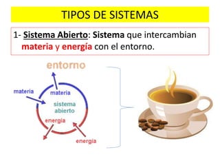 TIPOS DE SISTEMAS
1- Sistema Abierto: Sistema que intercambian
materia y energía con el entorno.
 