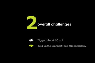 2
overall challenges



Trigger a Food KIC call

Build up the strongest Food KIC candidacy
 