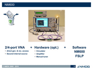 NM600




  2/4-port VNA                    + Hardware (opt.)    +   Software
  ●   direct gen. & rec. access     ●   Circulator
                                                            NM600
  ●   Second internal source        ●   Amplifier
                                    ●   Manual tuner        FSLP

© NMDG 2009 - 2010                                         11
 