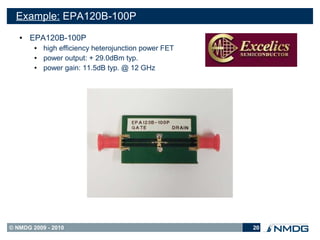 Example: EPA120B-100P
   ●   EPA120B-100P
        ●   high efficiency heterojunction power FET
        ●   power output: + 29.0dBm typ.
        ●   power gain: 11.5dB typ. @ 12 GHz




© NMDG 2009 - 2010                                     20
 