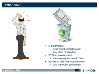 What now?




                     ●   S-parameters
                          ●   Small-signal characterisation
                          ●   Only when no distortion
                     ●   50 Ohm environment
                          ●   Matching requires non-50 Ohm
                     ●   Harmonic and Intermod distortion
                          ●   Only in 50 Ohm environment

© NMDG 2009 - 2010                                      8
 