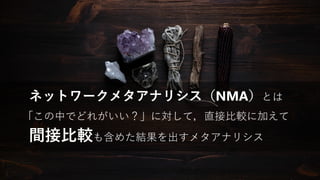 ネットワークメタアナリシス（NMA）とは
「この中でどれがいい？」に対して，直接比較に加えて
間接比較も含めた結果を出すメタアナリシス
 