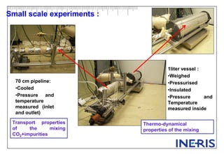 Small scale experiments :
1liter vessel :
•Weighed
•Pressurised
•Insulated
•Pressure and
Temperature
measured inside
Thermo-dynamical
properties of the mixing
70 cm pipeline:
•Cooled
•Pressure and
temperature
measured (inlet
and outlet)
Transport properties
of the mixing
CO2+impurities
 