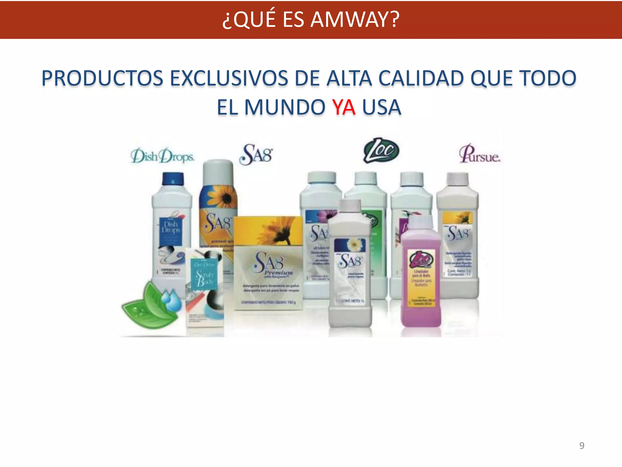 ¿QUÉ ES AMWAY?

PRODUCTOS EXCLUSIVOS DE ALTA CALIDAD QUE TODO
              EL MUNDO YA USA




                                                9
 