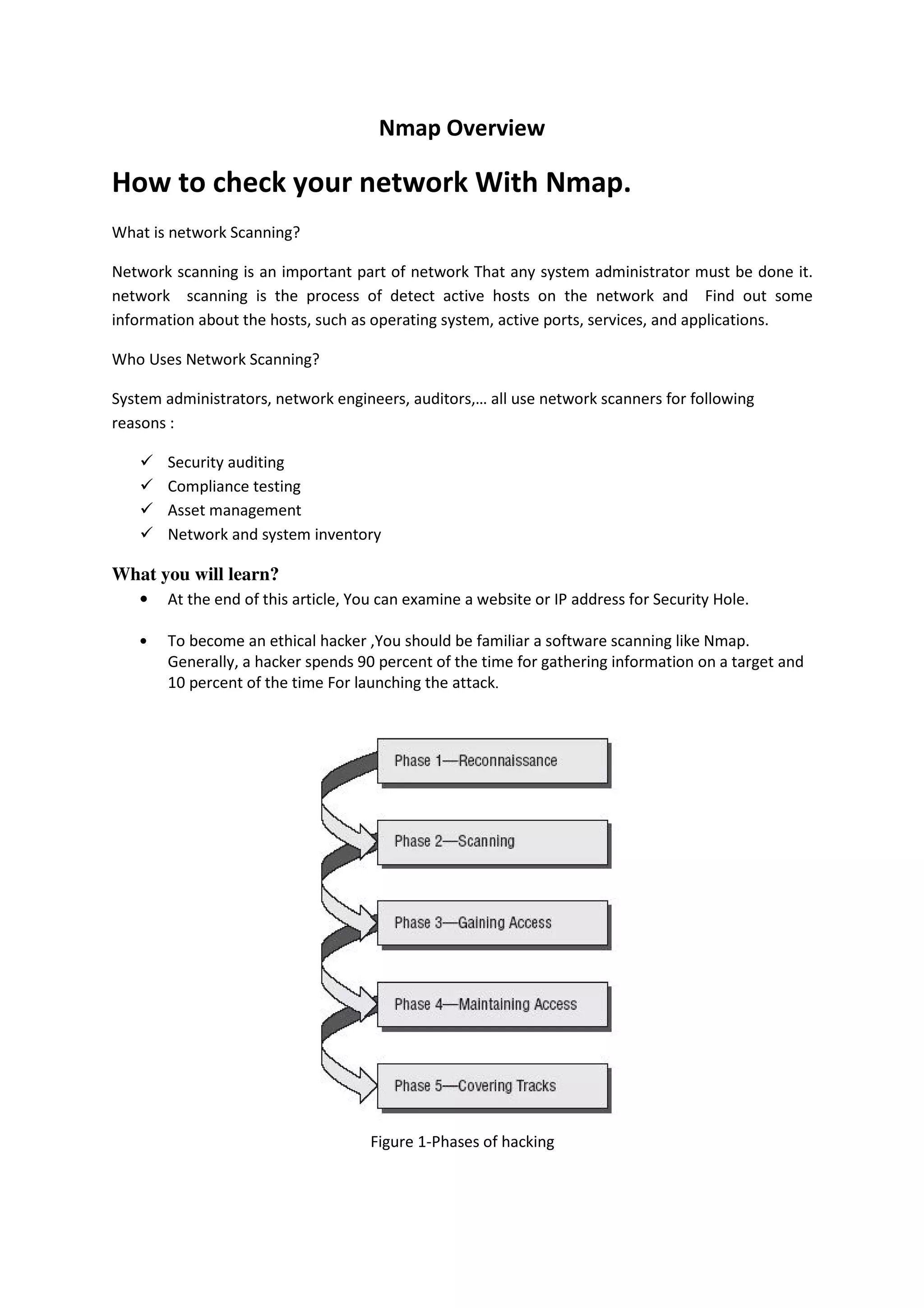 Nmap Overview

How to check your network With Nmap.
What is network Scanning?
Network scanning is an important part of network That any system administrator must be done it.
network scanning is the process of detect active hosts on the network and Find out some
information about the hosts, such as operating system, active ports, services, and applications.
Who Uses Network Scanning?
System administrators, network engineers, auditors,… all use network scanners for following
reasons :
Security auditing
Compliance testing
Asset management
Network and system inventory

What you will learn?
•

At the end of this article, You can examine a website or IP address for Security Hole.

•

To become an ethical hacker ,You should be familiar a software scanning like Nmap.
Generally, a hacker spends 90 percent of the time for gathering information on a target and
10 percent of the time For launching the attack.

Figure 1-Phases of hacking

 