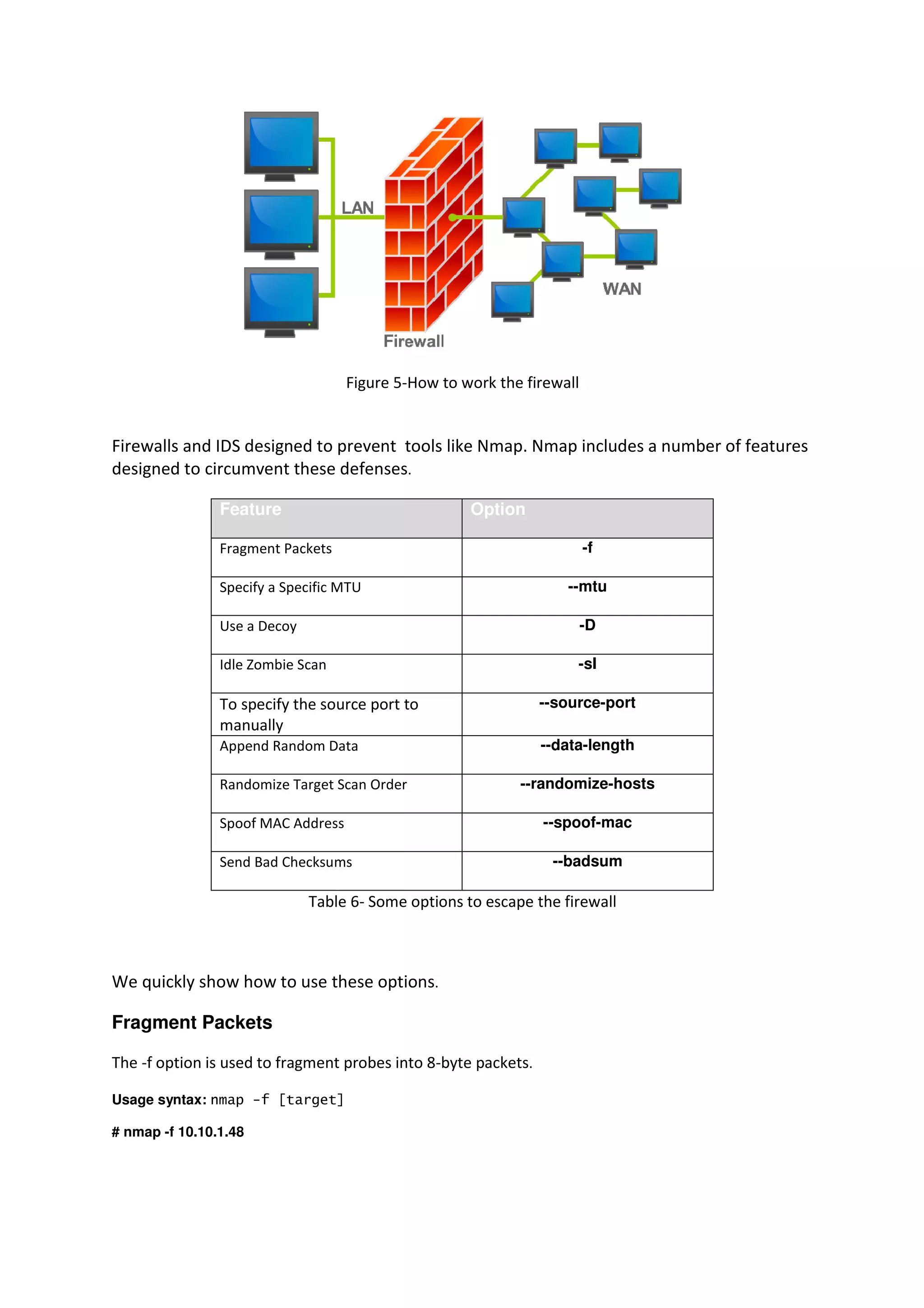 Figure 5-How to work the firewall

Firewalls and IDS designed to prevent tools like Nmap. Nmap includes a number of features
designed to circumvent these defenses.
Feature

Option
-f

Fragment Packets

--mtu

Specify a Specific MTU
Use a Decoy

-D

Idle Zombie Scan

-sI

To specify the source port to
manually

--source-port

Append Random Data

--data-length

Randomize Target Scan Order

--randomize-hosts

Spoof MAC Address

--spoof-mac

Send Bad Checksums

--badsum

Table 6 Some options to escape the firewall
6-

We quickly show how to use these options.
Fragment Packets
The -f option is used to fragment probes into 8
f
8-byte packets.
Usage syntax: nmap -f [target]
f
# nmap -f 10.10.1.48

 