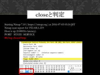 closeと判定
28
Starting Nmap 7.10 ( https://nmap.org ) at 2016-07-03 05:14 JST
Nmap scan report for 192.168.1.219
Host is up (0.00031s latency).
PORT STATE SERVICE
80/tcp closed http
 