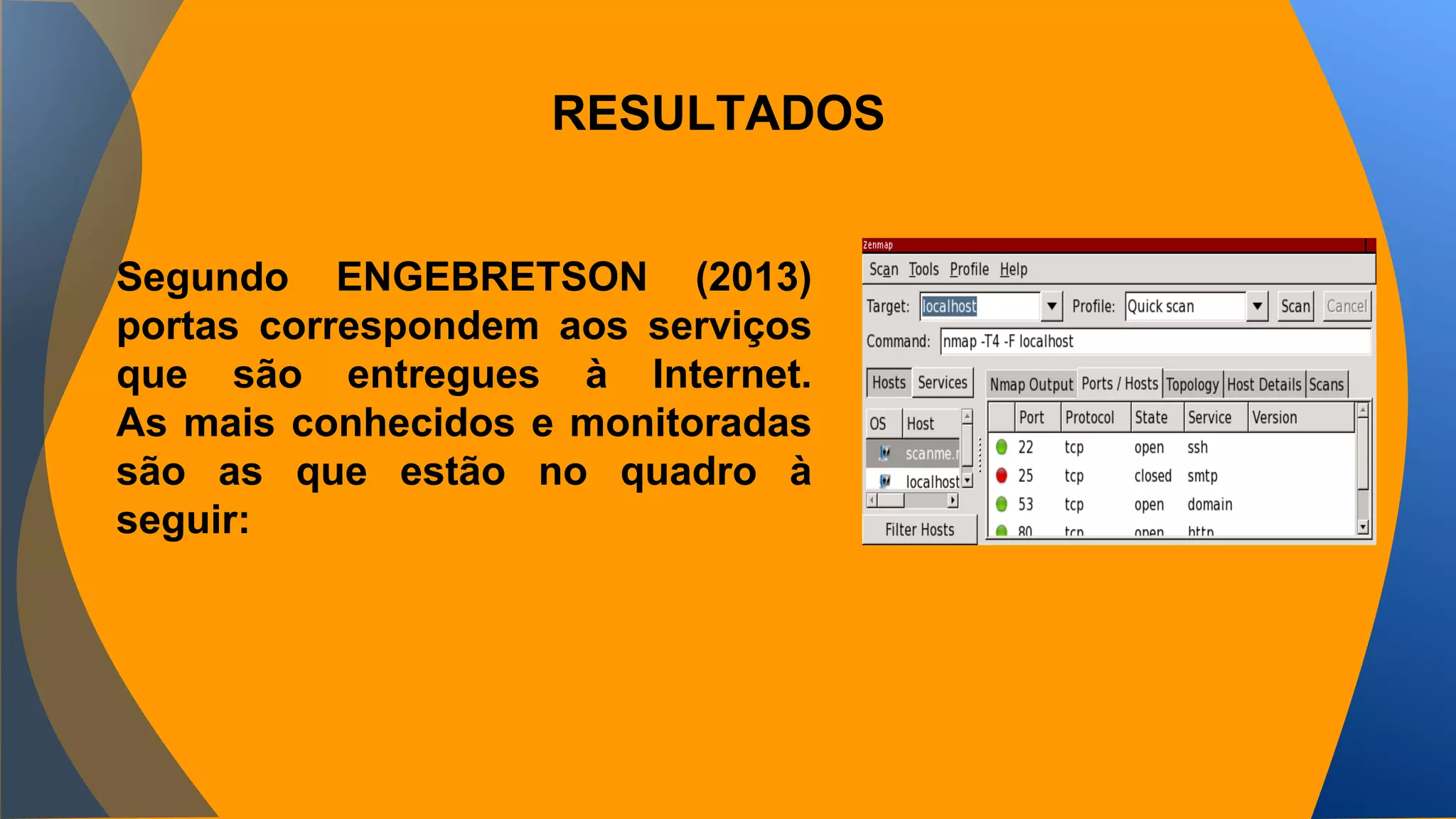 RESULTADOS 
Segundo ENGEBRETSON (2013) 
portas correspondem aos serviços 
que são entregues à Internet. 
As mais conhecidos e monitoradas 
são as que estão no quadro à 
seguir: 
 