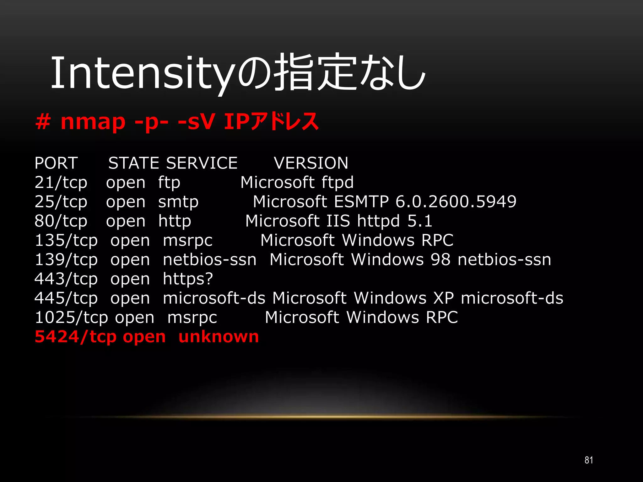 Intensityの指定なし
81
# nmap -p- -sV IPアドレス
PORT STATE SERVICE VERSION
21/tcp open ftp Microsoft ftpd
25/tcp open smtp Microsoft ESMTP 6.0.2600.5949
80/tcp open http Microsoft IIS httpd 5.1
135/tcp open msrpc Microsoft Windows RPC
139/tcp open netbios-ssn Microsoft Windows 98 netbios-ssn
443/tcp open https?
445/tcp open microsoft-ds Microsoft Windows XP microsoft-ds
1025/tcp open msrpc Microsoft Windows RPC
5424/tcp open unknown
 
