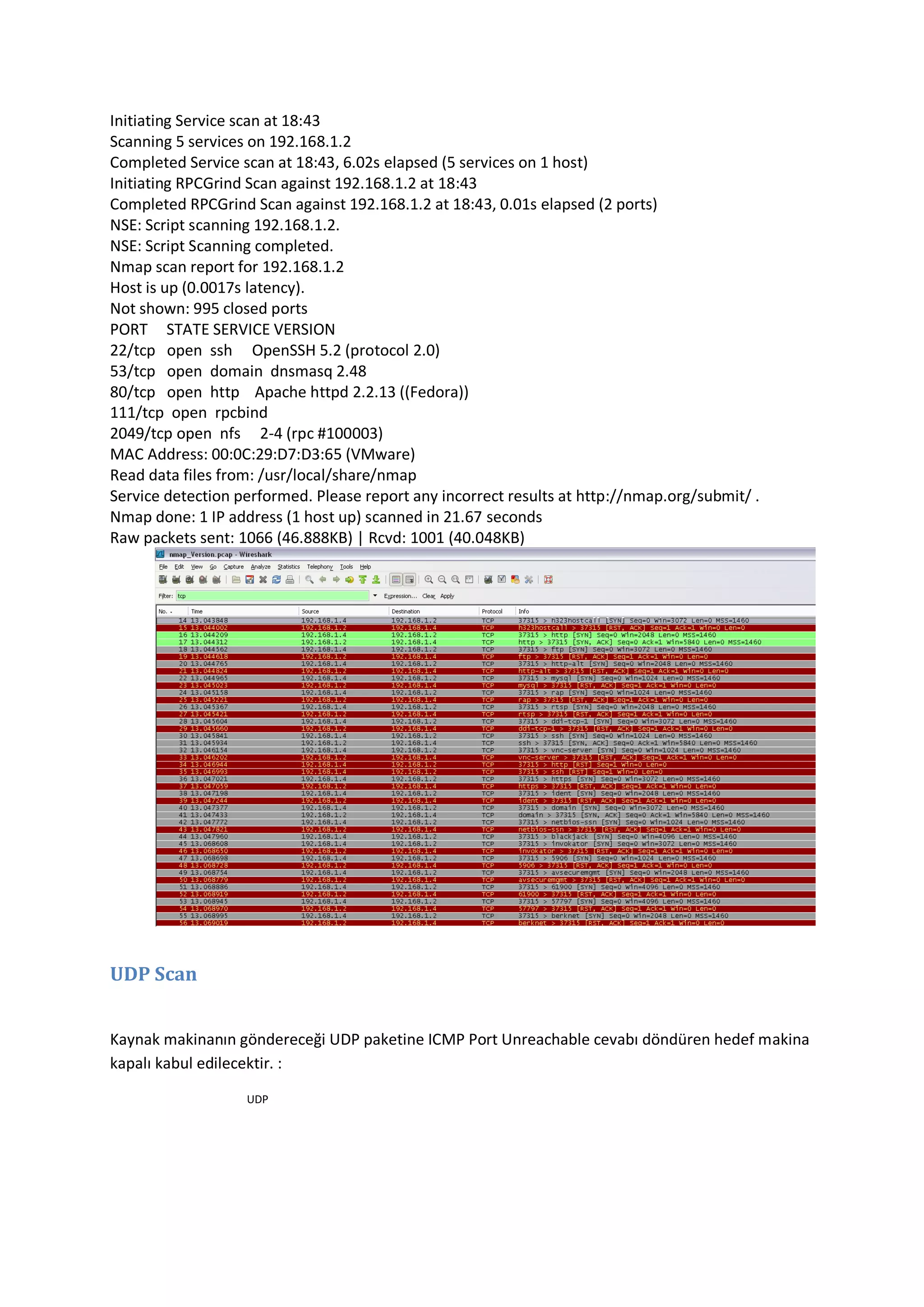 Initiating Service scan at 18:43
Scanning 5 services on 192.168.1.2
Completed Service scan at 18:43, 6.02s elapsed (5 services on 1 host)
Initiating RPCGrind Scan against 192.168.1.2 at 18:43
Completed RPCGrind Scan against 192.168.1.2 at 18:43, 0.01s elapsed (2 ports)
NSE: Script scanning 192.168.1.2.
NSE: Script Scanning completed.
Nmap scan report for 192.168.1.2
Host is up (0.0017s latency).
Not shown: 995 closed ports
PORT STATE SERVICE VERSION
22/tcp open ssh OpenSSH 5.2 (protocol 2.0)
53/tcp open domain dnsmasq 2.48
80/tcp open http Apache httpd 2.2.13 ((Fedora))
111/tcp open rpcbind
2049/tcp open nfs 2-4 (rpc #100003)
MAC Address: 00:0C:29:D7:D3:65 (VMware)
Read data files from: /usr/local/share/nmap
Service detection performed. Please report any incorrect results at http://nmap.org/submit/ .
Nmap done: 1 IP address (1 host up) scanned in 21.67 seconds
Raw packets sent: 1066 (46.888KB) | Rcvd: 1001 (40.048KB)

UDP Scan
Kaynak makinanın göndereceği UDP paketine ICMP Port Unreachable cevabı döndüren hedef makina
kapalı kabul edilecektir. :
UDP

 