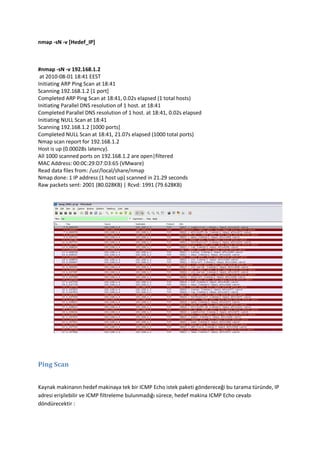 nmap -sN -v [Hedef_IP]

#nmap -sN -v 192.168.1.2
at 2010-08-01 18:41 EEST
Initiating ARP Ping Scan at 18:41
Scanning 192.168.1.2 [1 port]
Completed ARP Ping Scan at 18:41, 0.02s elapsed (1 total hosts)
Initiating Parallel DNS resolution of 1 host. at 18:41
Completed Parallel DNS resolution of 1 host. at 18:41, 0.02s elapsed
Initiating NULL Scan at 18:41
Scanning 192.168.1.2 [1000 ports]
Completed NULL Scan at 18:41, 21.07s elapsed (1000 total ports)
Nmap scan report for 192.168.1.2
Host is up (0.00028s latency).
All 1000 scanned ports on 192.168.1.2 are open|filtered
MAC Address: 00:0C:29:D7:D3:65 (VMware)
Read data files from: /usr/local/share/nmap
Nmap done: 1 IP address (1 host up) scanned in 21.29 seconds
Raw packets sent: 2001 (80.028KB) | Rcvd: 1991 (79.628KB)

Ping Scan
Kaynak makinanın hedef makinaya tek bir ICMP Echo istek paketi göndereceği bu tarama türünde, IP
adresi erişilebilir ve ICMP filtreleme bulunmadığı sürece, hedef makina ICMP Echo cevabı
döndürecektir :

 