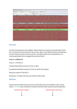 List Scan
Bu tarama türü gerçek bir tarama değildir. Sadece Nmapin sorun çözme ve test yeteneklerini aktif
kılar. Taranacak olan aktif makinaların Iplerini sıralar. Eğer reverse DNS çözümlemesi iptal edilmişse
List Scan network üzerinde tamamen sessizdir. Herhangi bir paket almaz veya göndermez. Bu
taramayı gerçekleştirmek için aşağıdaki komut kullanılmalıdır :
nmap -sL -v [Hedef_IP]
nmap -sL -v 192.168.1.2
Initiating Parallel DNS resolution of 1 host. at 18:54
Completed Parallel DNS resolution of 1 host. at 18:54, 0.02s elapsed
Nmap scan report for 192.168.1.2
Nmap done: 1 IP address (0 hosts up) scanned in 0.02 seconds

IdleScan
Kaynak makinanın hedef makinayı tarama esnasında aktif olarak rol almadığı bir türdür. Kaynak
makina “zombie” olarak nitelendirilen makinalar üzerinden hedef makinayı tarayarak bilgi toplar :
HEDEFİN PORTU AÇIKSA

HEDEFİN PORTU KAPALIYSA

 