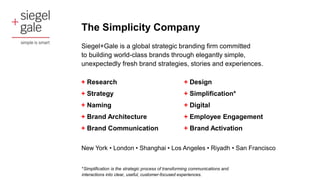 The Simplicity Company
Siegel+Gale is a global strategic branding firm committed
to building world-class brands through elegantly simple,
unexpectedly fresh brand strategies, stories and experiences.
+ Research
+ Strategy
+ Naming
+ Brand Architecture
+ Brand Communication
+ Design
+ Simplification*
+ Digital
+ Employee Engagement
+ Brand Activation
New York • London • Shanghai • Los Angeles • Riyadh • San Francisco
*Simplification is the strategic process of transforming communications and
interactions into clear, useful, customer-focused experiences.
 
