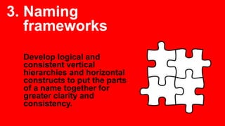 3. Naming
frameworks
Develop logical and
consistent vertical
hierarchies and horizontal
constructs to put the parts
of a name together for
greater clarity and
consistency.
 
