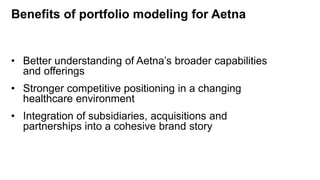 Benefits of portfolio modeling for Aetna
• Better understanding of Aetna’s broader capabilities
and offerings
• Stronger competitive positioning in a changing
healthcare environment
• Integration of subsidiaries, acquisitions and
partnerships into a cohesive brand story
 