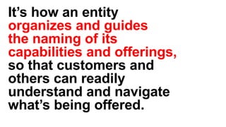 It’s how an entity
organizes and guides
the naming of its
capabilities and offerings,
so that customers and
others can readily
understand and navigate
what’s being offered.
 