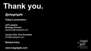 Thank you.
@siegelgale
Today’s presenters:
Jeff Lapatine
Strategy Director
jlapatine@siegelgale.com
Jessica Kirk, Vice President
jkirk@siegelgale.com
Related links:
www.siegelgale.com
 
