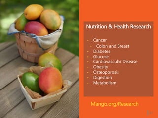 Nutrition & Health Research
• Cancer
• Colon and Breast
• Diabetes
• Glucose
• Cardiovascular Disease
• Obesity
• Osteoporosis
• Digestion
• Metabolism
| 27
Mango.org/Research
 