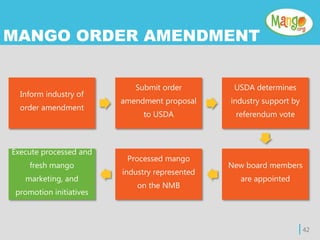 | 42
MANGO ORDER AMENDMENT
Inform industry of
order amendment
Submit order
amendment proposal
to USDA
USDA determines
industry support by
referendum vote
New board members
are appointed
Processed mango
industry represented
on the NMB
Execute processed and
fresh mango
marketing, and
promotion initiatives
 
