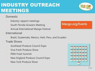 • Domestic
• Industry rapport meetings
• South Florida Growers Meeting
• Annual International Mango Festival
• International
• Brazil, Guatemala, Mexico, Haiti, Peru, and Ecuador
• Trade Shows
• Southeast Produce Council Expo
• Viva Fresh Produce Show
• PMA Fresh Summit
• New England Produce Council Expo
• New York Produce Show
| 43
INDUSTRY OUTREACH
MEETINGS
Mango.org/Events
 