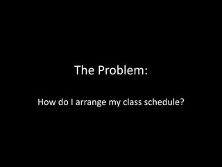The Problem:

How do I arrange my class schedule?
 