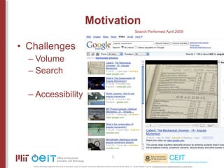 Motivation <ul><li>Challenges </li></ul><ul><ul><li>Volume </li></ul></ul><ul><ul><li>Search </li></ul></ul><ul><ul><li>Ac...