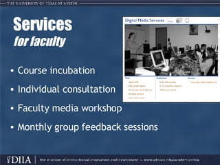 Services for faculty Course incubation Individual consultation Faculty media workshop Monthly group feedback sessions 