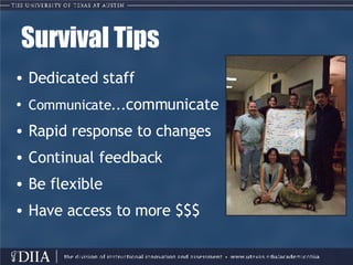 Survival Tips Dedicated staff  Communicate... communicate Rapid response to changes Continual feedback Be flexible Have access to more $$$ 