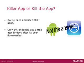 Killer App or Kill the App? Do we need another 100K apps? Only 5% of people use a free app 30 days after its been downloaded Not the answer 