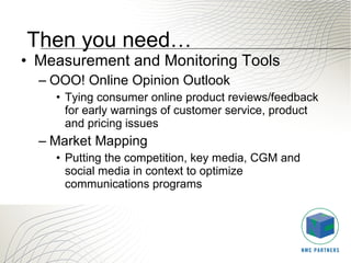 Measurement and Monitoring Tools  OOO! Online Opinion Outlook Tying consumer online product reviews/feedback for early warnings of customer service, product and pricing issues Market Mapping Putting the competition, key media, CGM and social media in context to optimize communications programs Then you need… 