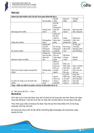 Đánh giá:
ĐÁNH GIÁ SẢN PHẨM CUỐI CỦA ĐỀ TÀI B (40% ĐIỂM ĐỒ ÁN 2)
Yếu (0-49%)
TB (50-
74%)
Khá (75-
89%)
Tốt (90-
100%)
Nội dung phim (10%)
Không chọn
được
Chủ đề
phim
không phù
hợp văn
hóa
Nội dung
hợp lý
Nội dung hấp
dẫn, sáng tạo
Ghép phim (20%)
Không ghép
được
Ghép còn
lỗi, vẫn
nhận rõ
được việc
ghép
Ghép
tương đối
giống thật
Giống như
thật, sinh
động
Ẩn dữ liệu (20%)
Không biết
cách ẩn,
không tìm
được tool…
Ẩn nhưng
không giải
mã được
Ẩn nhưng
dễ bị phát
hiện
Ẩn tốt, giải
mã được,
không bị phát
hiện dễ dàng
Mã hóa truyền tin (20%)
Không mã
hóa che dấu
được dữ
liệu
Mã nhưng
vẫn còn
nhận dạng
được
Mã được
nhưng
chậm
Mã tốt,
nhanh…
Kiến thức chuyên ngành trong đề tài
(20%)
Không nhận
ra
Nhận ra,
nêu tên
được các
lĩnh vực
chuyên
ngành
Biết 1 số
khái niệm,
kiến thức
của các
lĩnh vực
Hiểu 1 số khái
niệm, kiến
thức của các
lĩnh vực
So sánh các công cụ ở các bước trên
(10%)
Không so
sánh
Liệt kê
được các
công cụ
phổ biến
So sánh
điểm yếu
và mạnh
giữa các
công cụ
Chọn lựa
được công cụ
phù hợp dựa
trên việc
đánh giá
Tổng = 100% của điểm sản phẩm cuối (tức là 40% điểm đồ án 2)
Nội dung đề tài C – nhạc
Mô tả đồ án
Sinh viên tự tìm một (vài) đoạn nhạc dài 2-3 phút có nội dung hợp văn hóa. Remix các đoạn
nhạc trên để được 1 bài hát có lời hát, có nhạc nền và khác biệt so với các đoạn nhạc gốc.
Thực hiện quay video và lipsing cho đoạn nhạc đó sao kho khớp khẩu hình và nội dung
sáng tạo, phù hợp văn hóa.
Sử dụng các công cụ ẩn dữ liệu để ẩn một thông điệp (message) vào trong đoạn video
lipsing nói trên.
 
