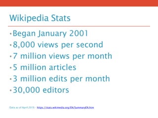 Wikipedia Stats
•Began January 2001
•8,000 views per second
•7 million views per month
•5 million articles
•3 million edits per month
•30,000 editors
Data as of April 2016 - https://stats.wikimedia.org/EN/SummaryEN.htm
 