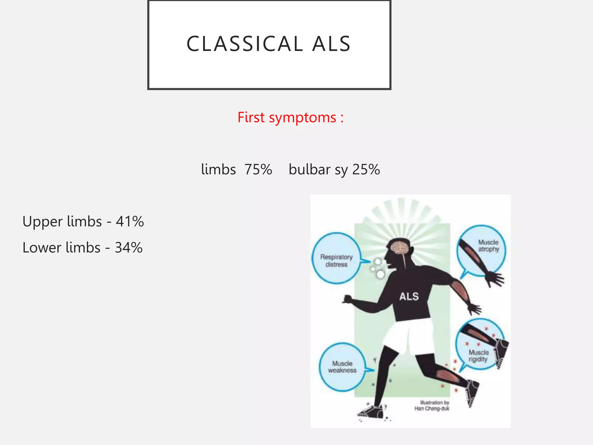 CLASSICAL ALS
First symptoms :
limbs 75% bulbar sy 25%
Upper limbs - 41%
Lower limbs - 34%
 